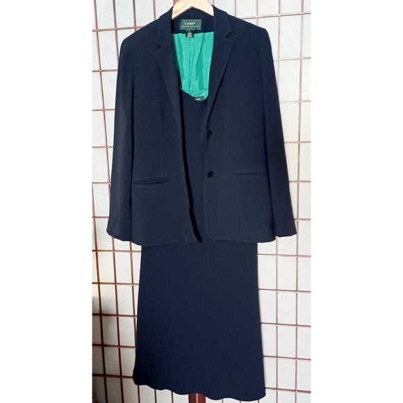 Lauren Ralph Lauren Women's Triacetate   Jacket and Dress Set - Navy Blue/Green - Picture 11 of 16